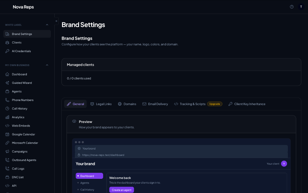 NovaReps White-Label Brand Settings and Client Portal Preview